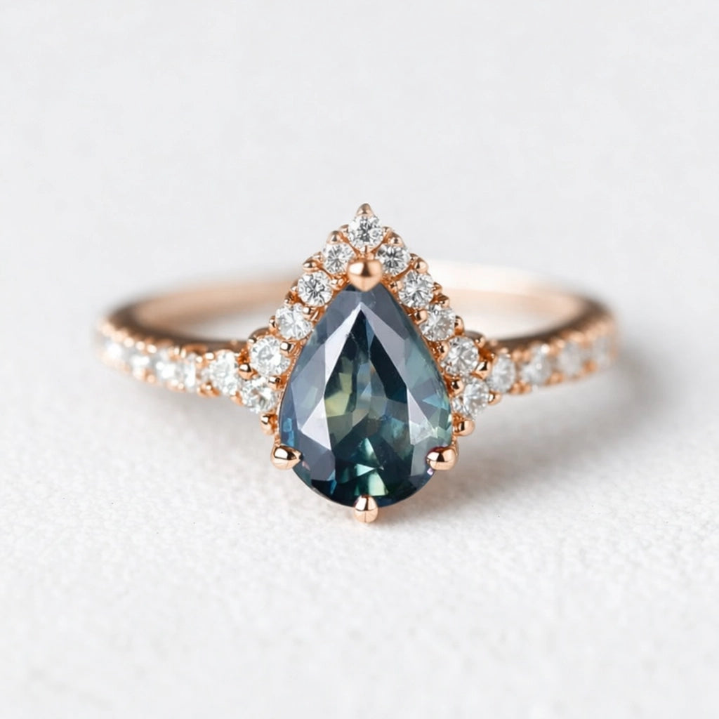 Aurora’s Teardrop | Pear Blue Sapphire Half-Halo Ring.