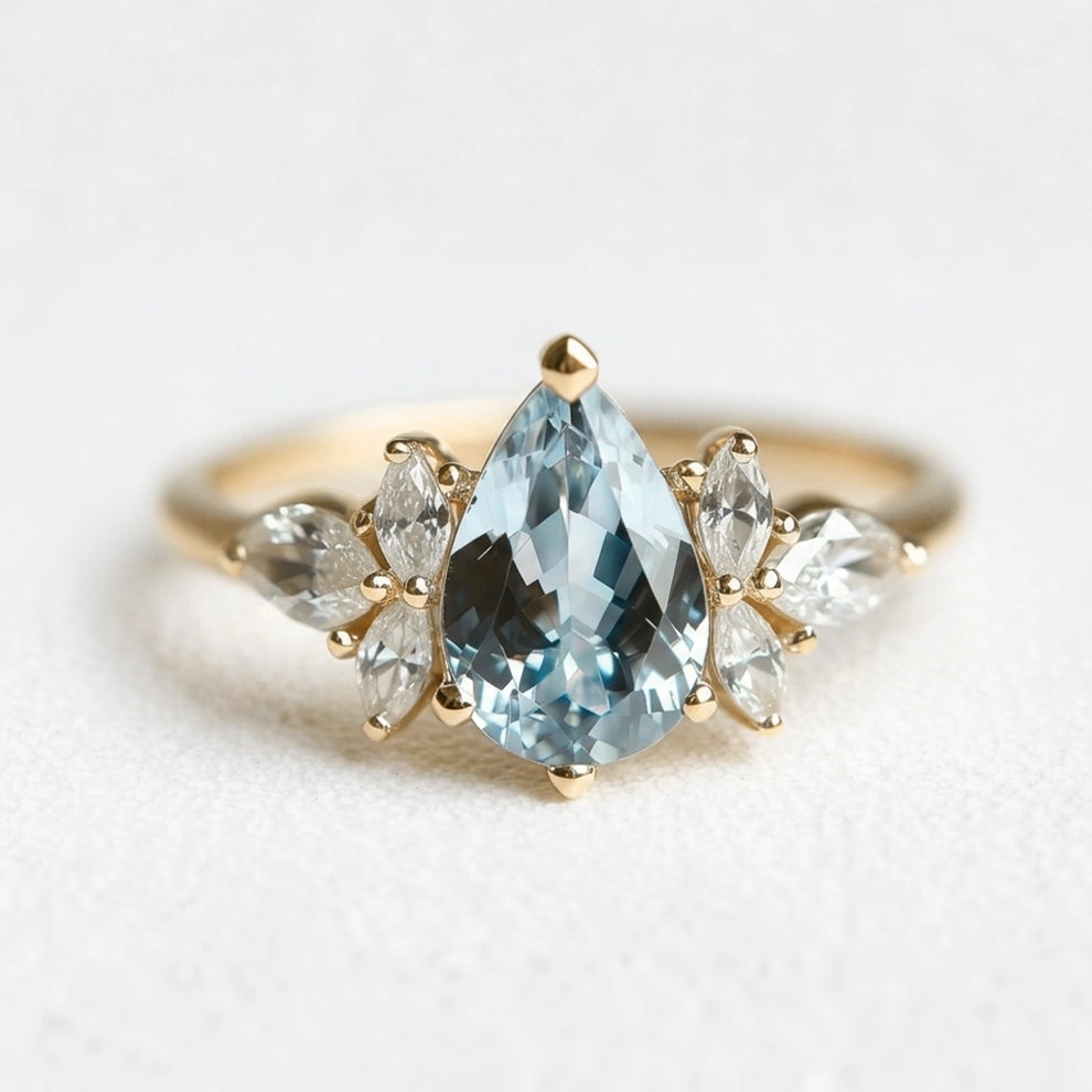 Nerida’s Tear | Pear Cut Aquamarine Classic Engagement Ring.