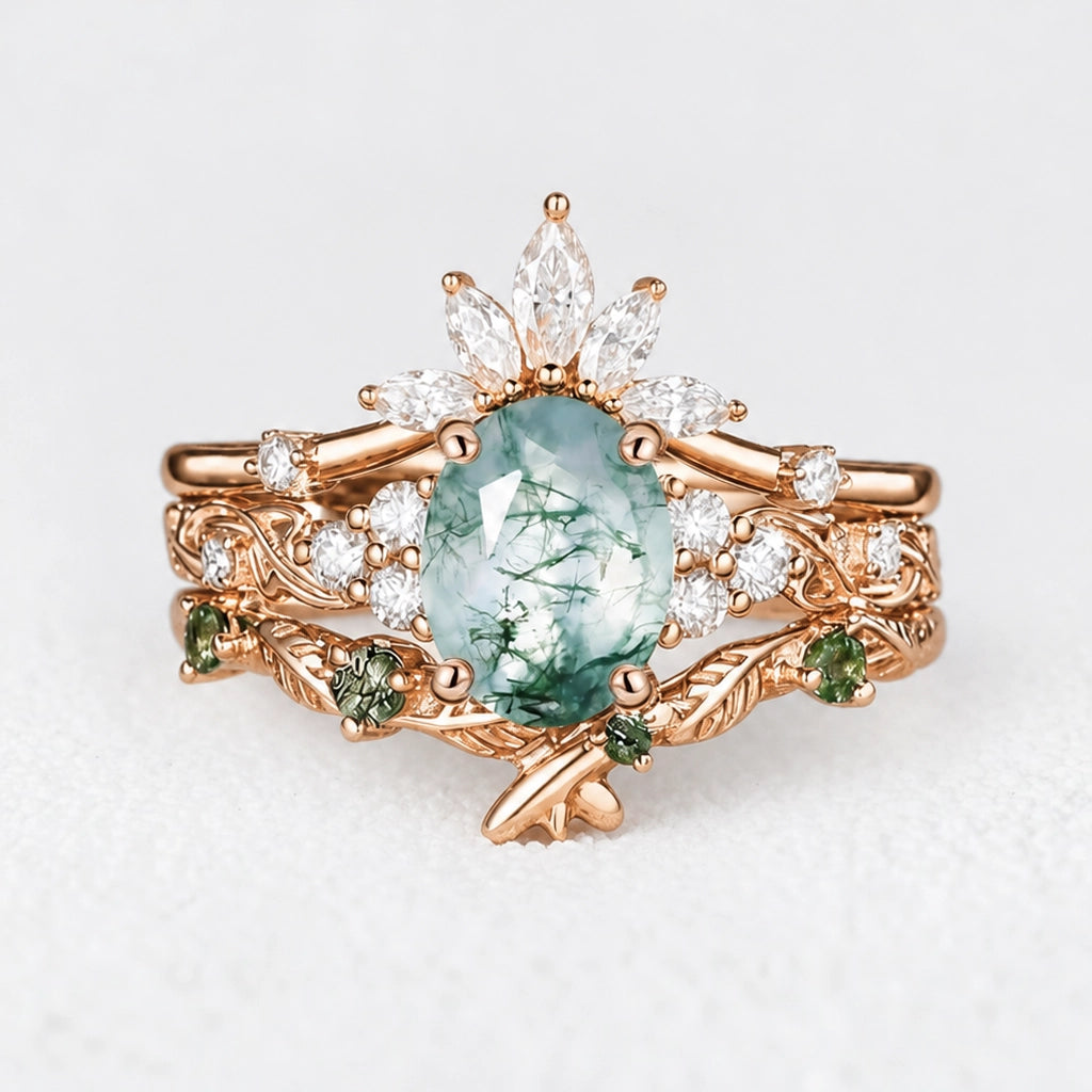 Nature Inspired Oval Cut Moss Agate Cluster Leafy Bridal Set