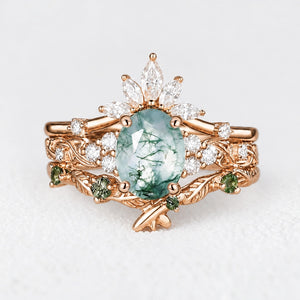 Nature Inspired Oval Cut Moss Agate Cluster Leafy Bridal Set