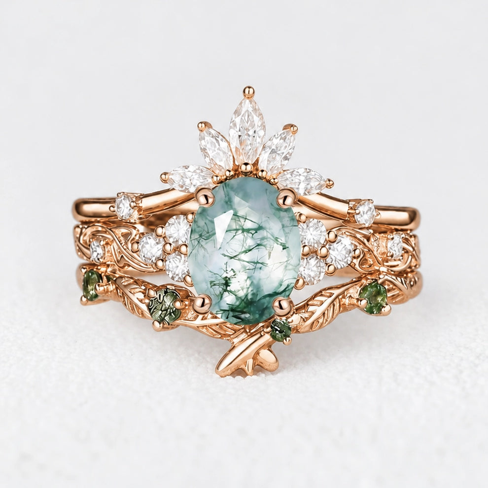 Nature Inspired Oval Cut Moss Agate Cluster Leafy Bridal Set
