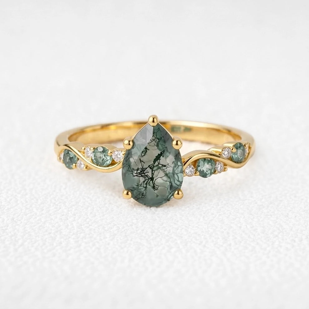 Sylvie’s Antler | Pear Moss Agate & Carved Band Couple Set
