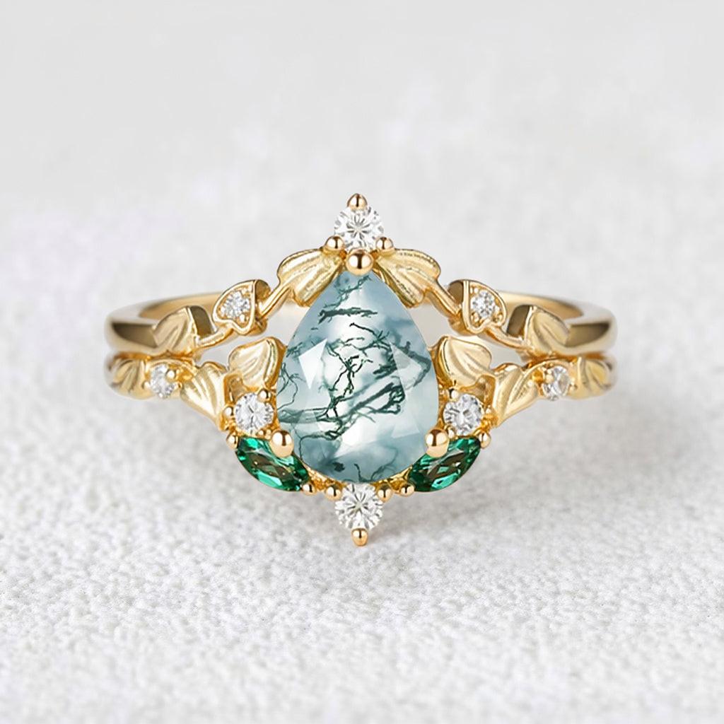 Unique Heart Leaf Moss Agate Engagement Ring Set.