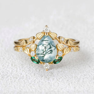 Unique Heart Leaf Moss Agate Engagement Ring Set.