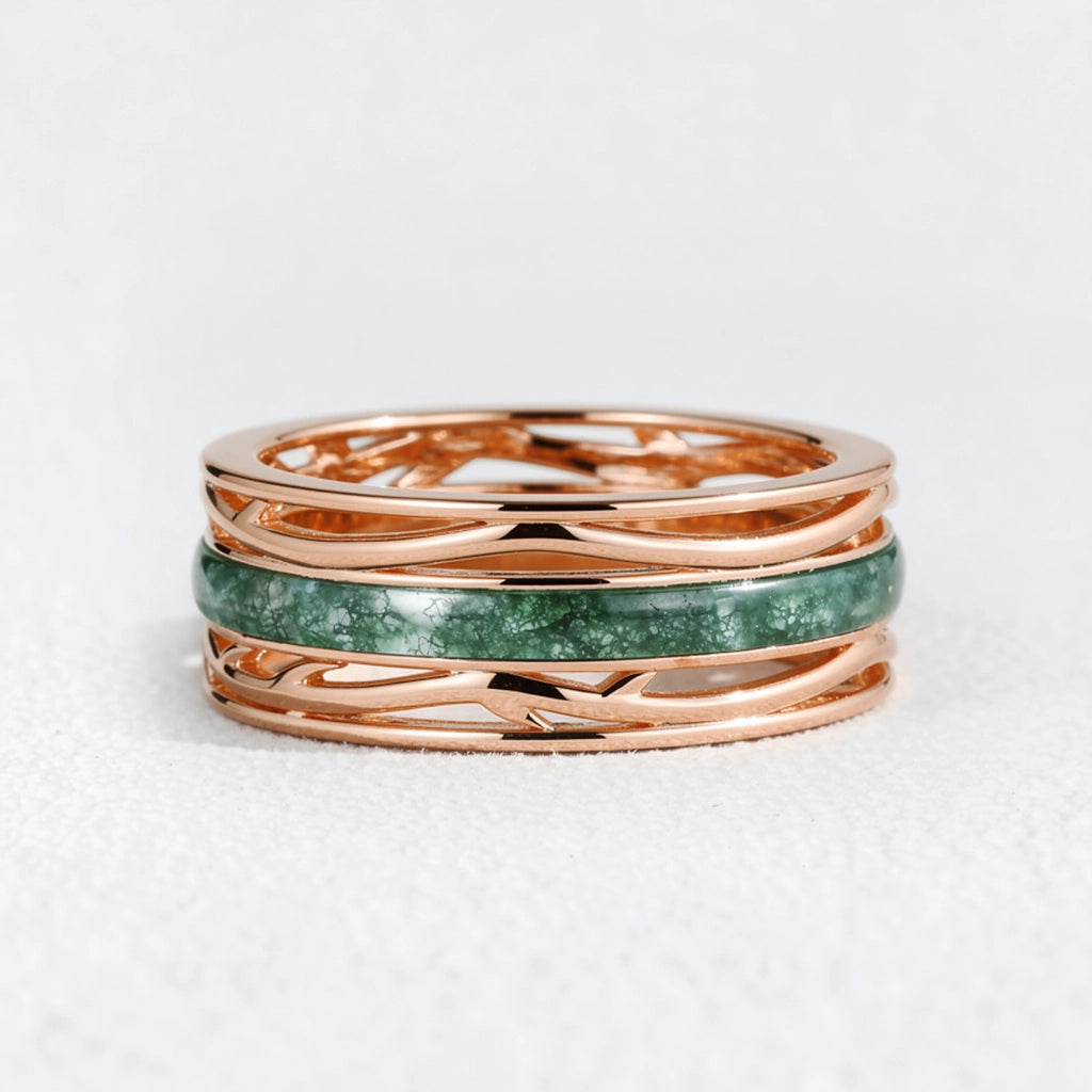 Odin’s Dominion | 8MM Moss Agate Men’s Ring with Openwork Branch Sides.