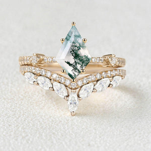 1.5ct Kite Cut Moss Agate Vintage Ring Set 2pcs.
