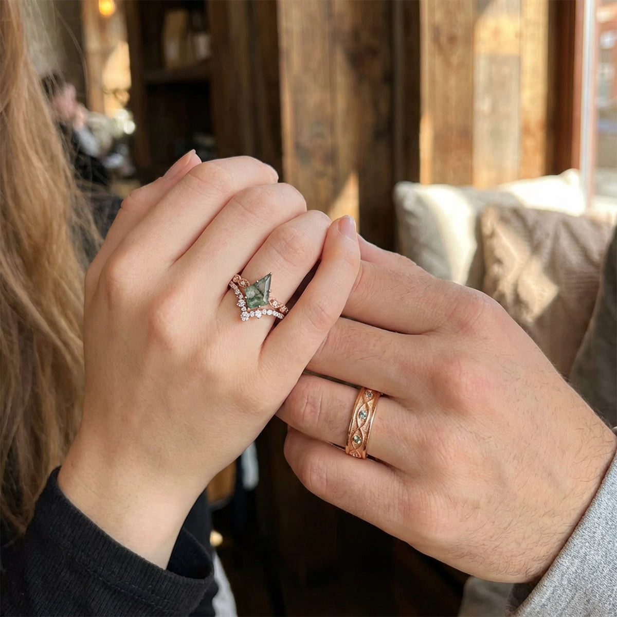 Thalia’s Glade | Vintage Kite Cut Moss Agate Couple Ring Set 3pcs.