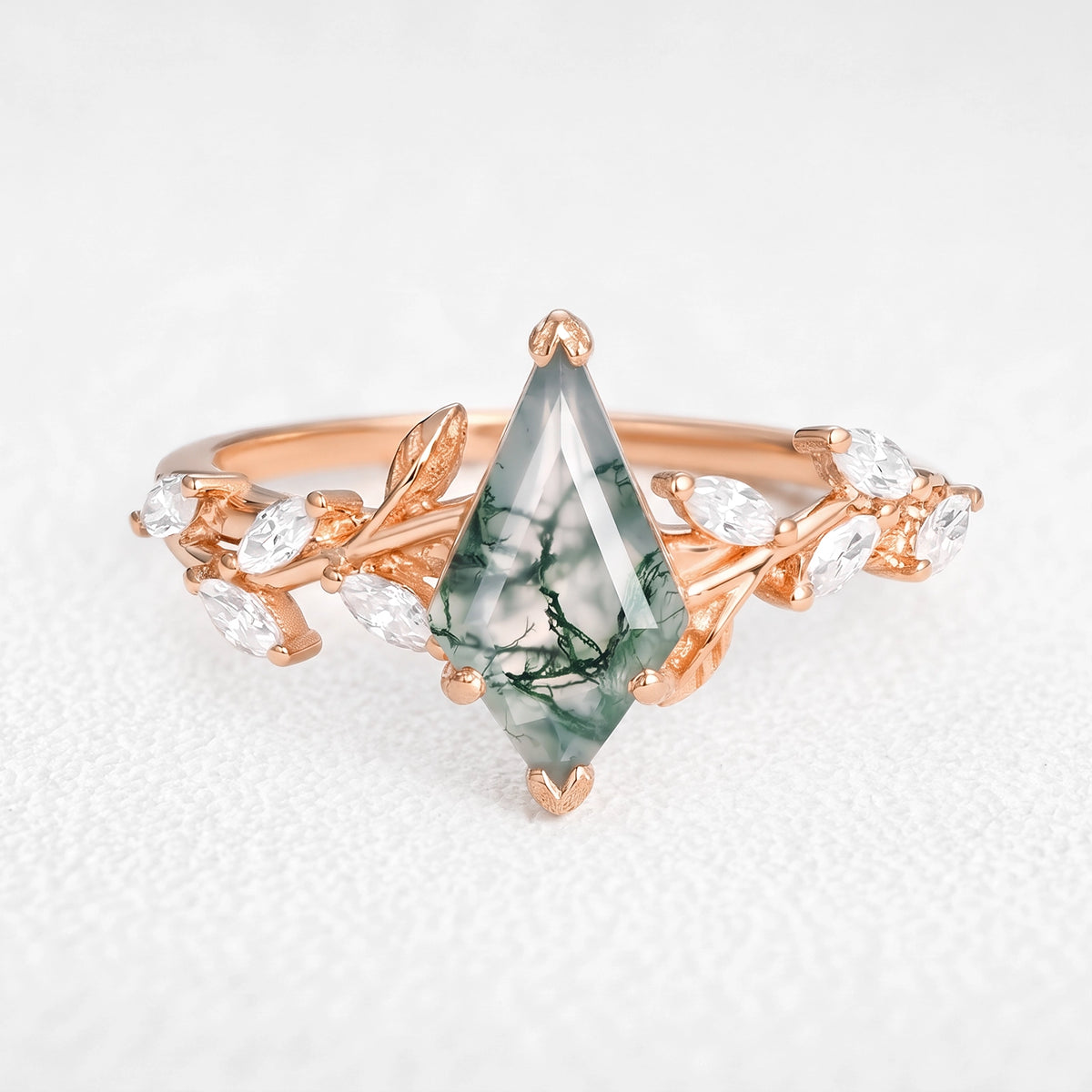 Celandine’s Tendril | Kite Cut Moss Agate Vine Engagement Ring