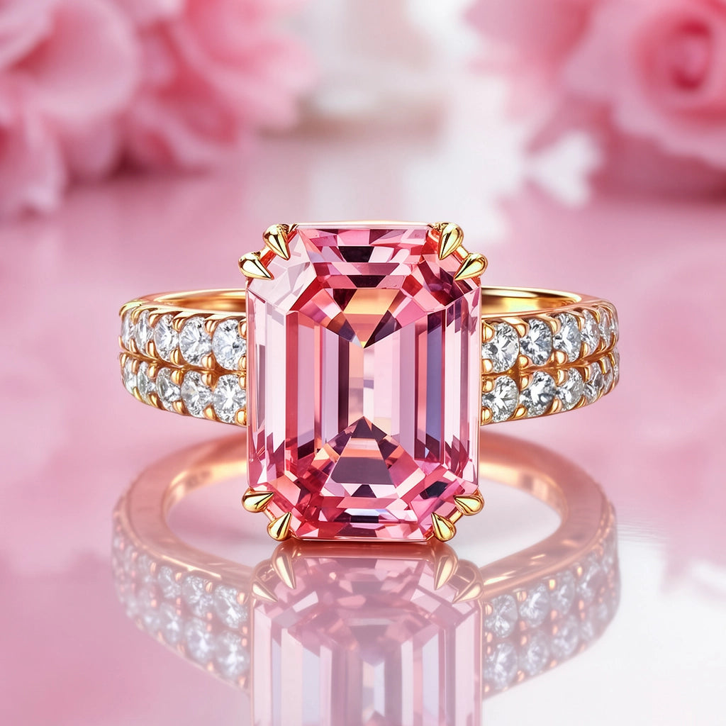 Lyra‘s Canvas | 3CT Emerald Cut Pink Gemstone Ring.