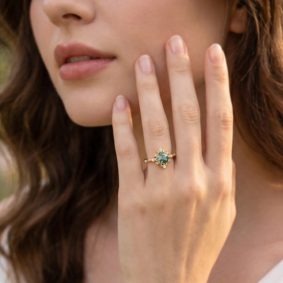Rosalind’s Verdant | Vintage Round Moss Agate Cluster Engagement Ring