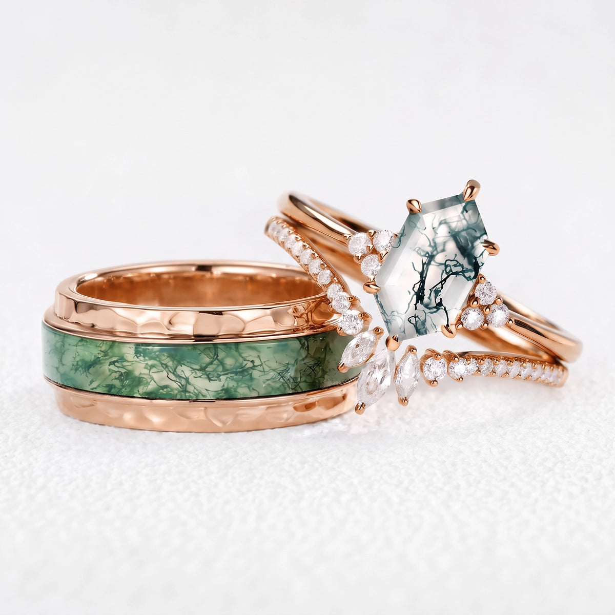 Genevieve’s Harmony | Luxurious Hexagon Moss Agate Bridal Set & 8MM Moss Inlay Band Couple Ring Set 3pcs