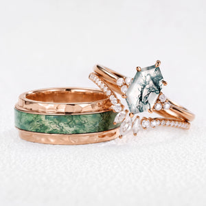 Genevieve’s Harmony | Luxurious Hexagon Moss Agate Bridal Set & 8MM Moss Inlay Band Couple Ring Set 3pcs
