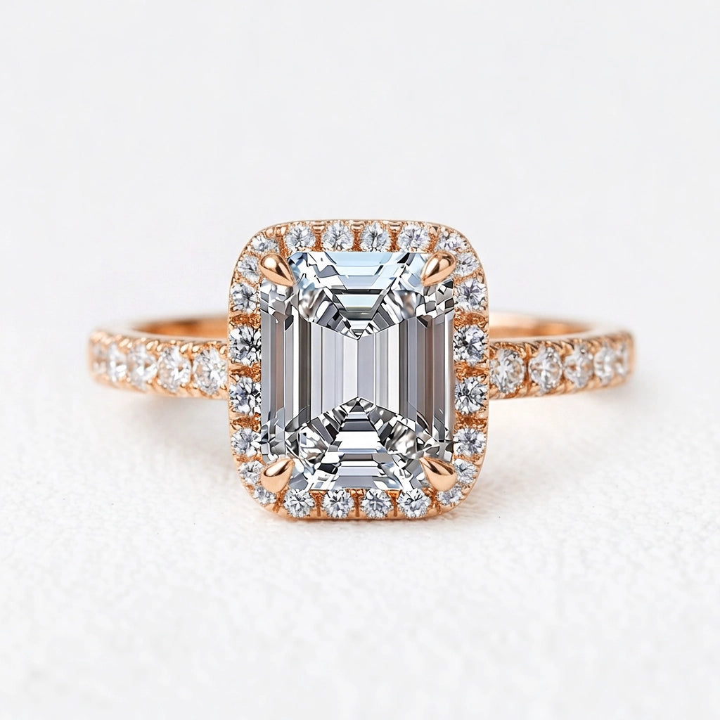 Lyra's Lumen | 2CT Emerald Cut Diamond Halo Engagement Ring