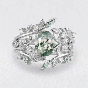 Sylvie’s Bower | Oval Cut Moss Agate Leafy Bridal Set 2pcs.
