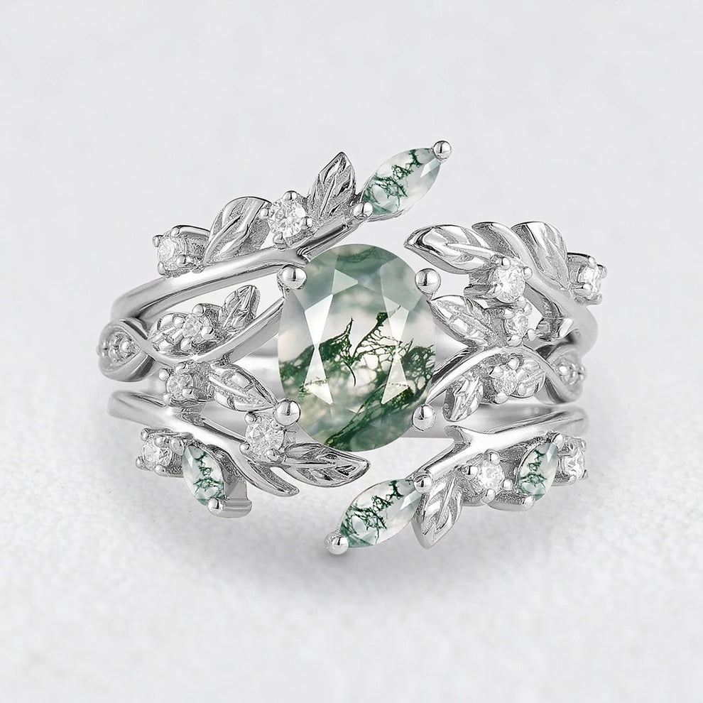 Sylvie’s Bower | Oval Cut Moss Agate Leafy Bridal Set 2pcs.