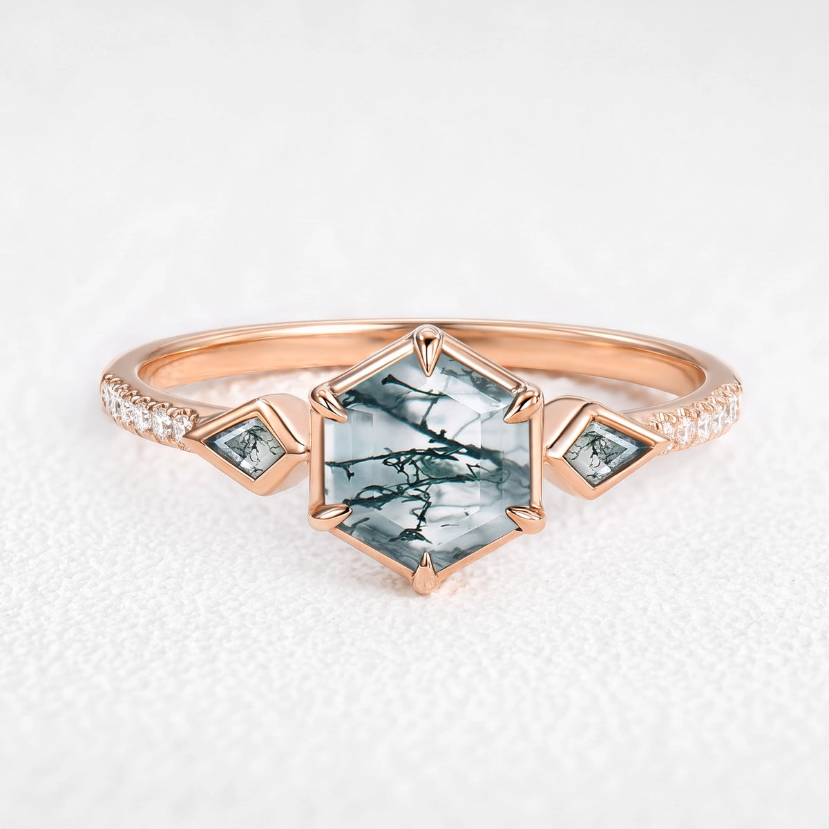 Beatrice‘s Hive | Hexagon Cut Moss Agate Bezel Engagement Ring