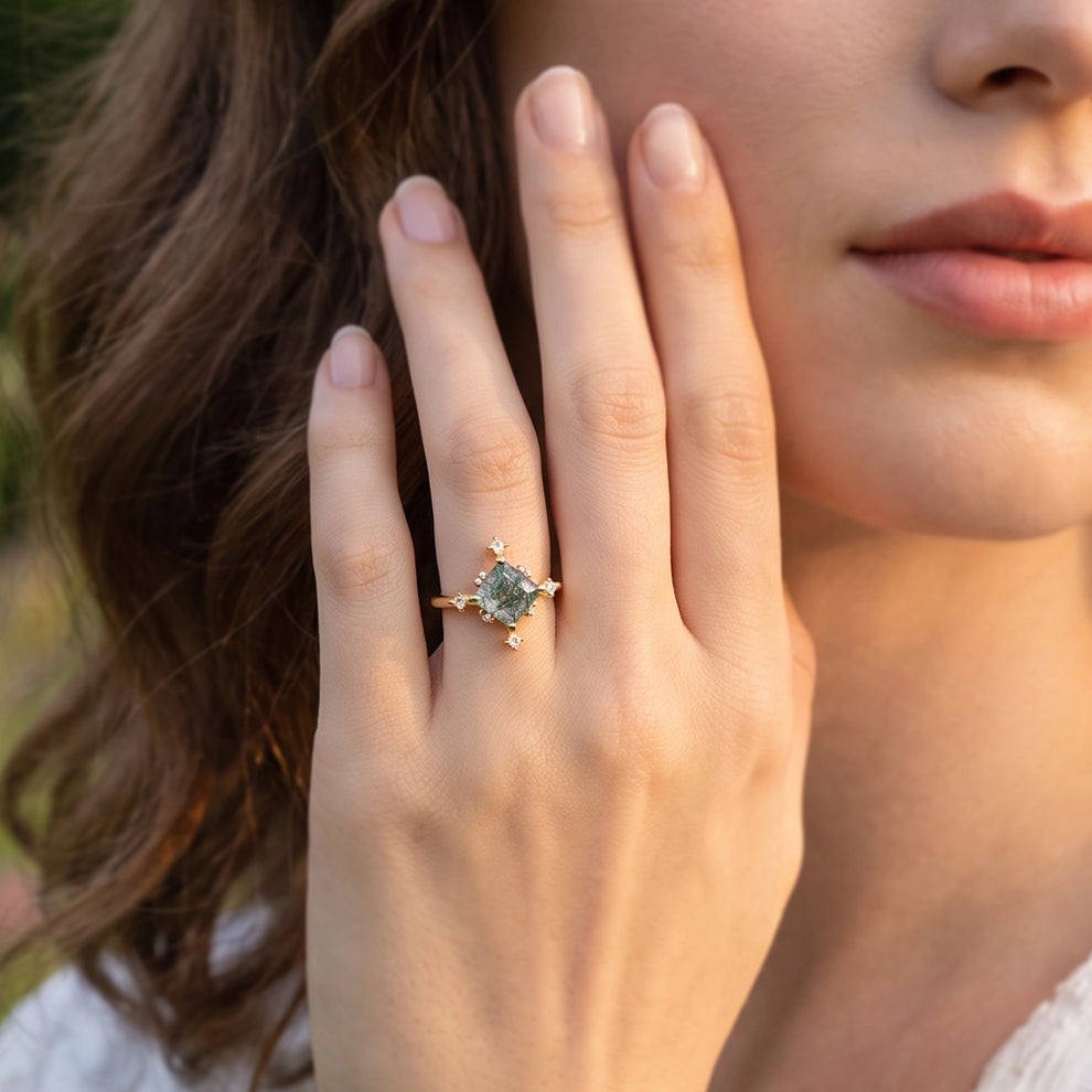 Sylvia’s Oath | Square Moss Agate Engagement Ring