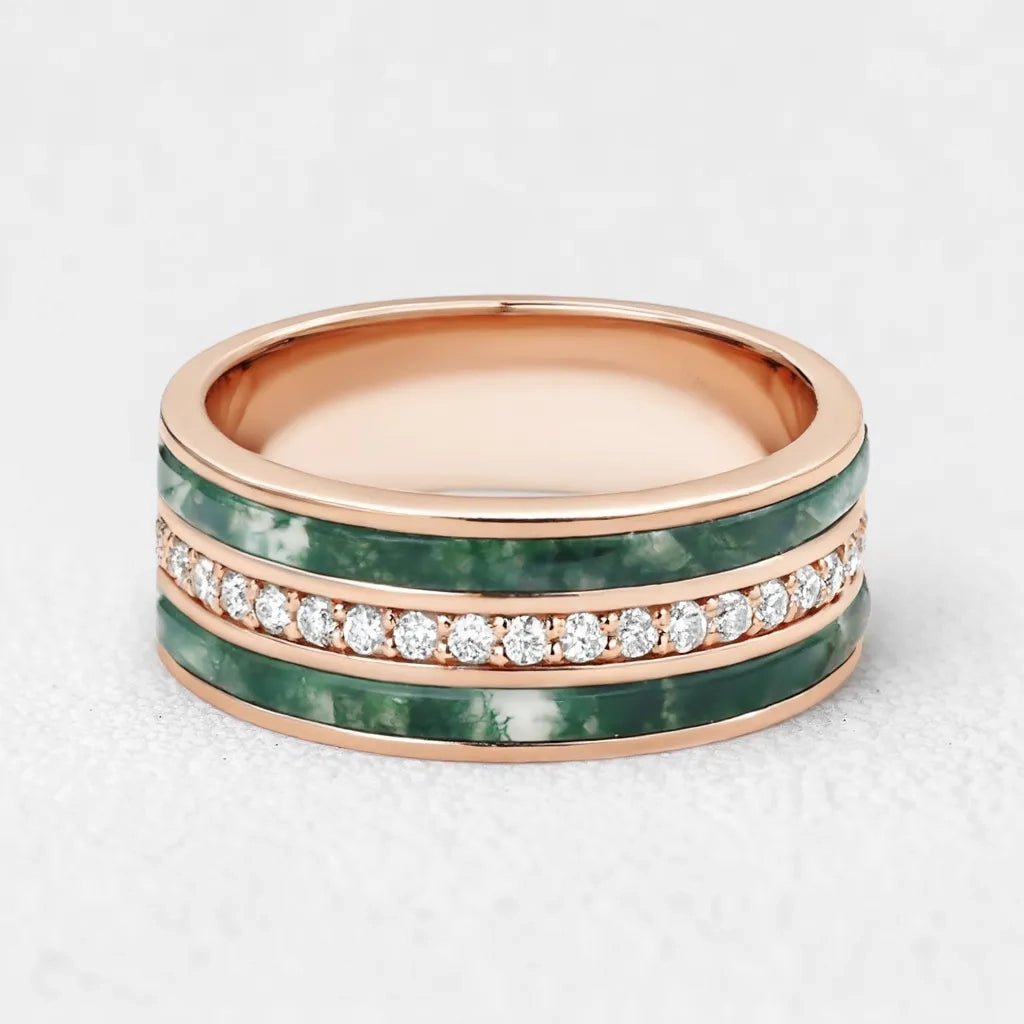 Atlas Keystone | 8MM Wide Moss Agate & Diamond Men's Wedding Band.
