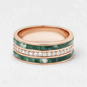 Atlas Keystone | 8MM Wide Moss Agate & Diamond Men's Wedding Band.