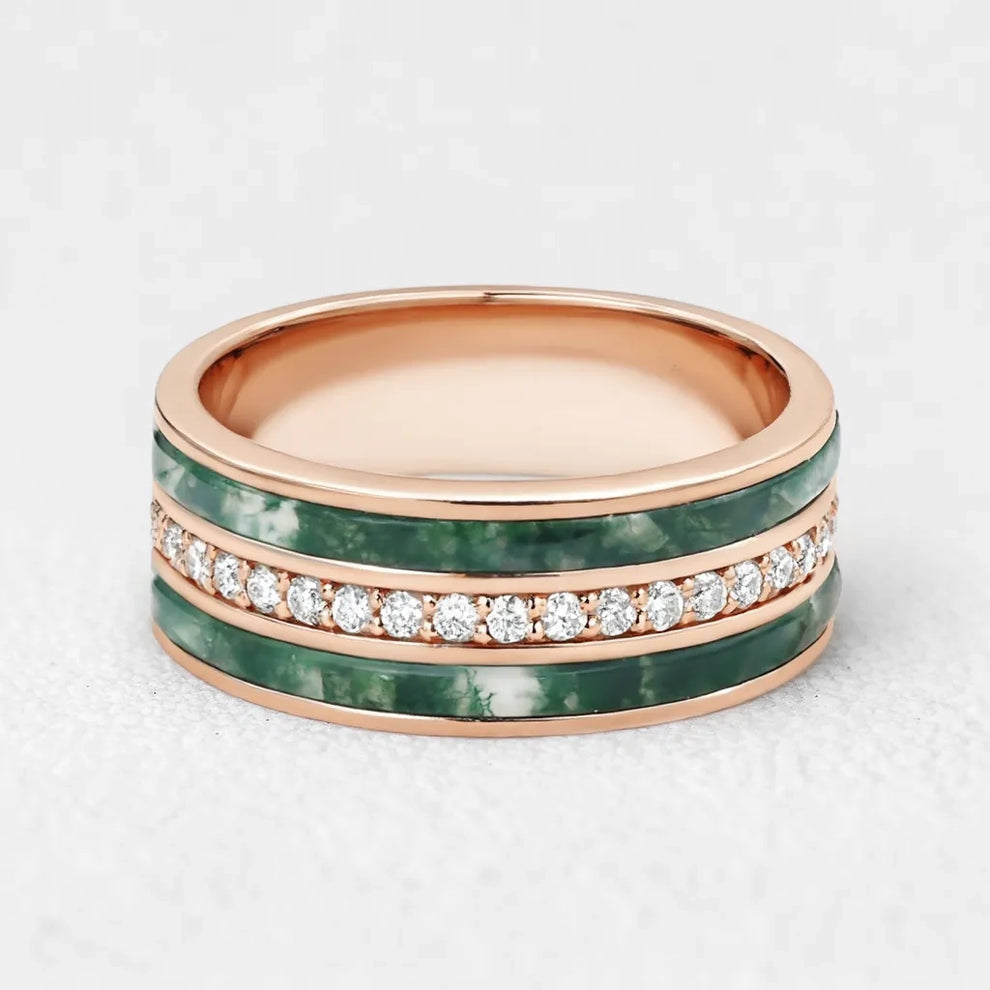 Atlas Keystone | 8MM Wide Moss Agate & Diamond Men's Wedding Band.