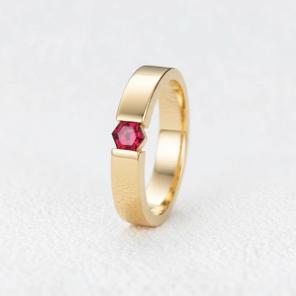 Ruben’s Hexagon | Ruby Tension Set Men's Wedding Band.