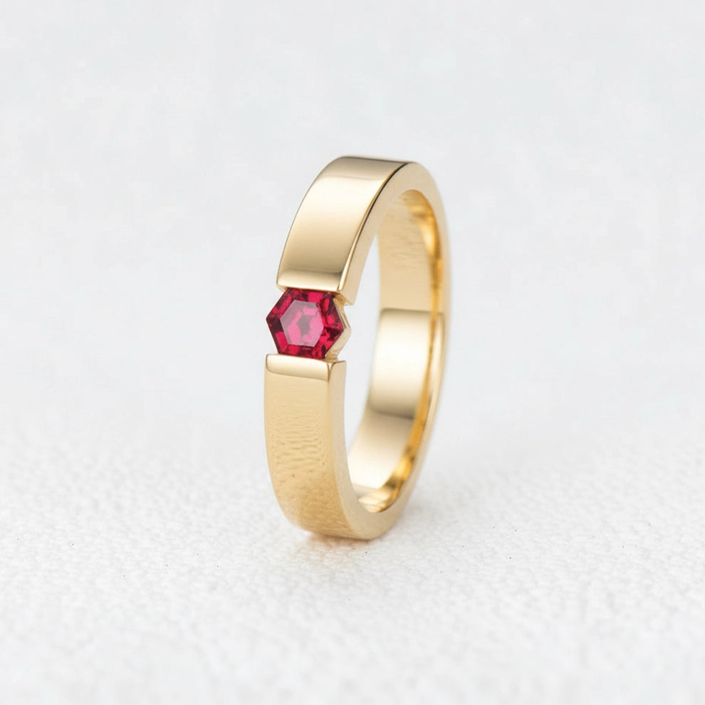 Ruben’s Hexagon | Ruby Tension Set Men's Wedding Band.