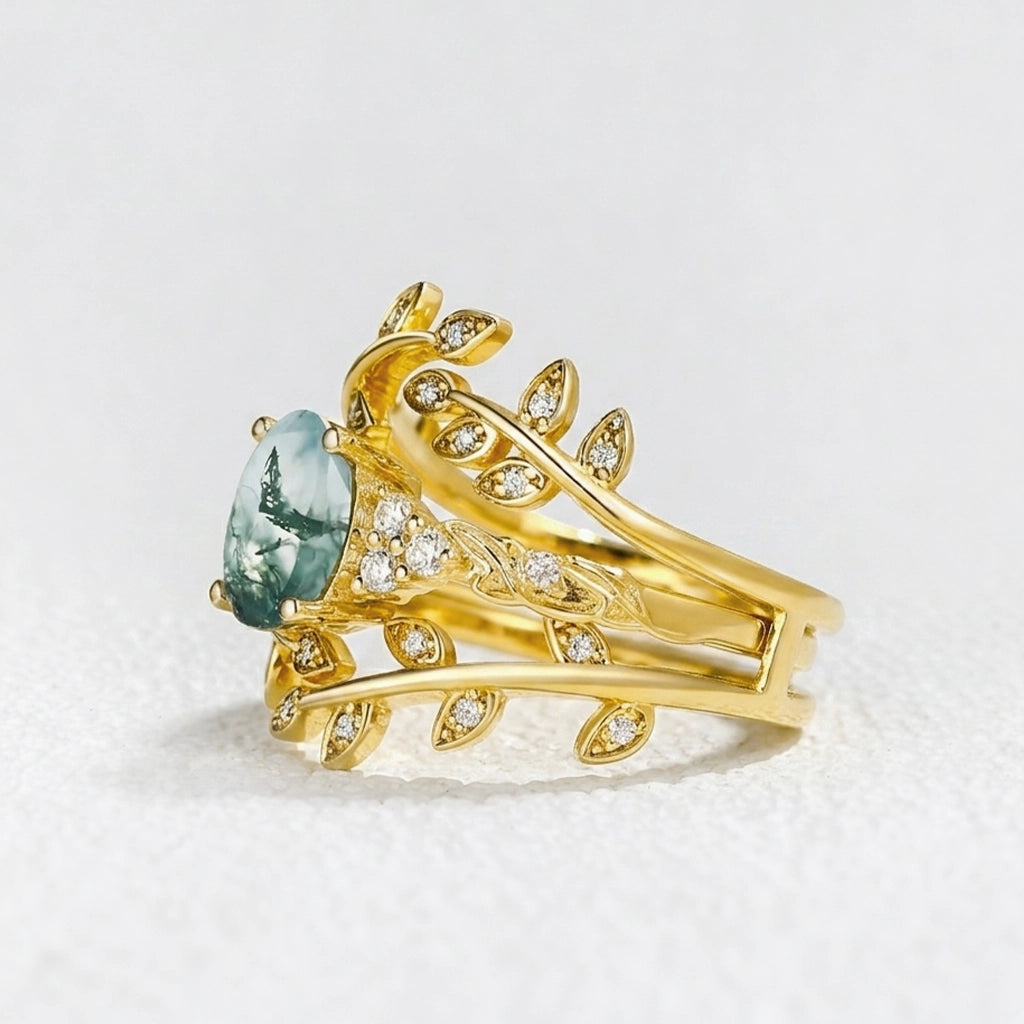 Honorée Moss Agate Leafy Branch Enhancer Ring Set 2pcs.