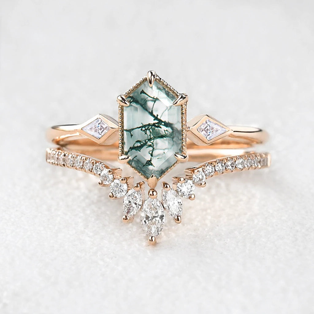 Elara’s Trio | Long Hexagon Moss Agate Three Stone Bridal Set 2pcs.