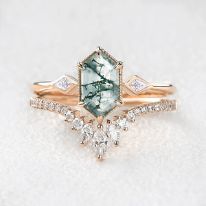 Elara’s Trio | Long Hexagon Moss Agate Three Stone Bridal Set 2pcs