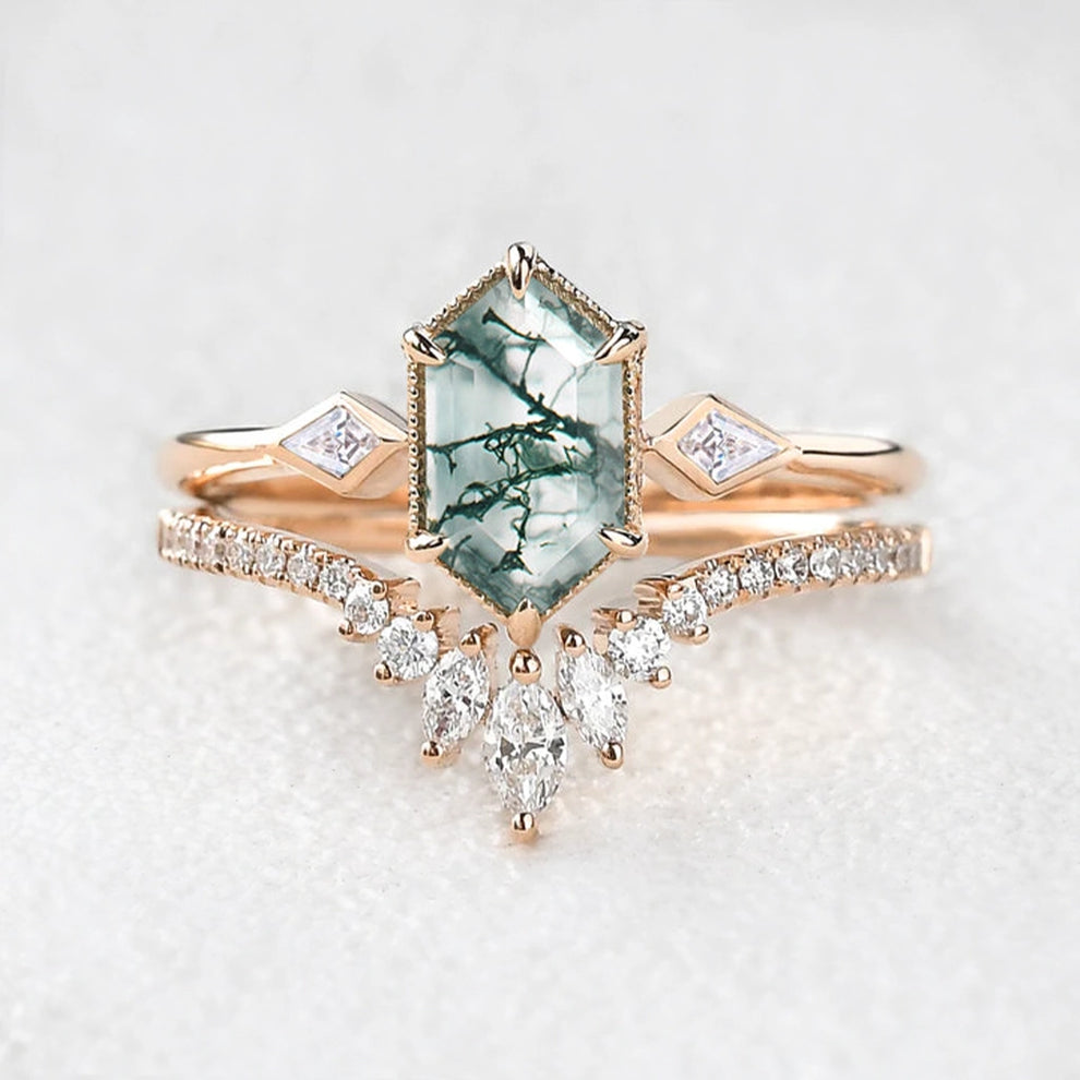 Elara’s Trio | Long Hexagon Moss Agate Three Stone Bridal Set 2pcs.