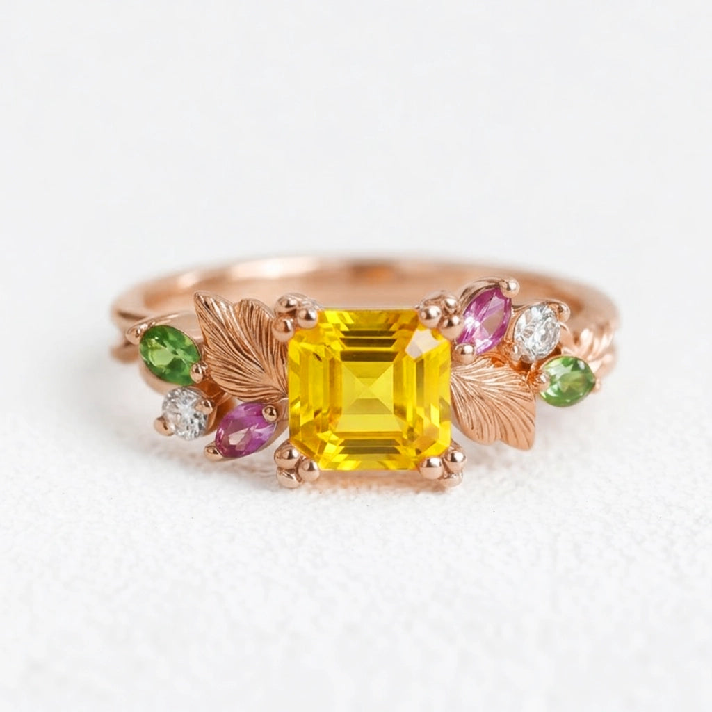 Flora’s Honey | Yellow Asscher Cut Tourmaline Leafy Engagement Ring.