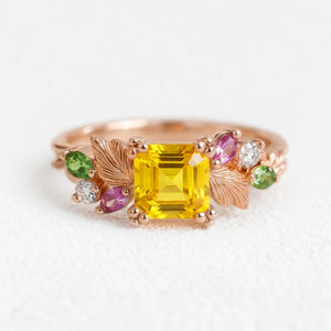 Flora’s Honey | Yellow Asscher Cut Tourmaline Leafy Engagement Ring