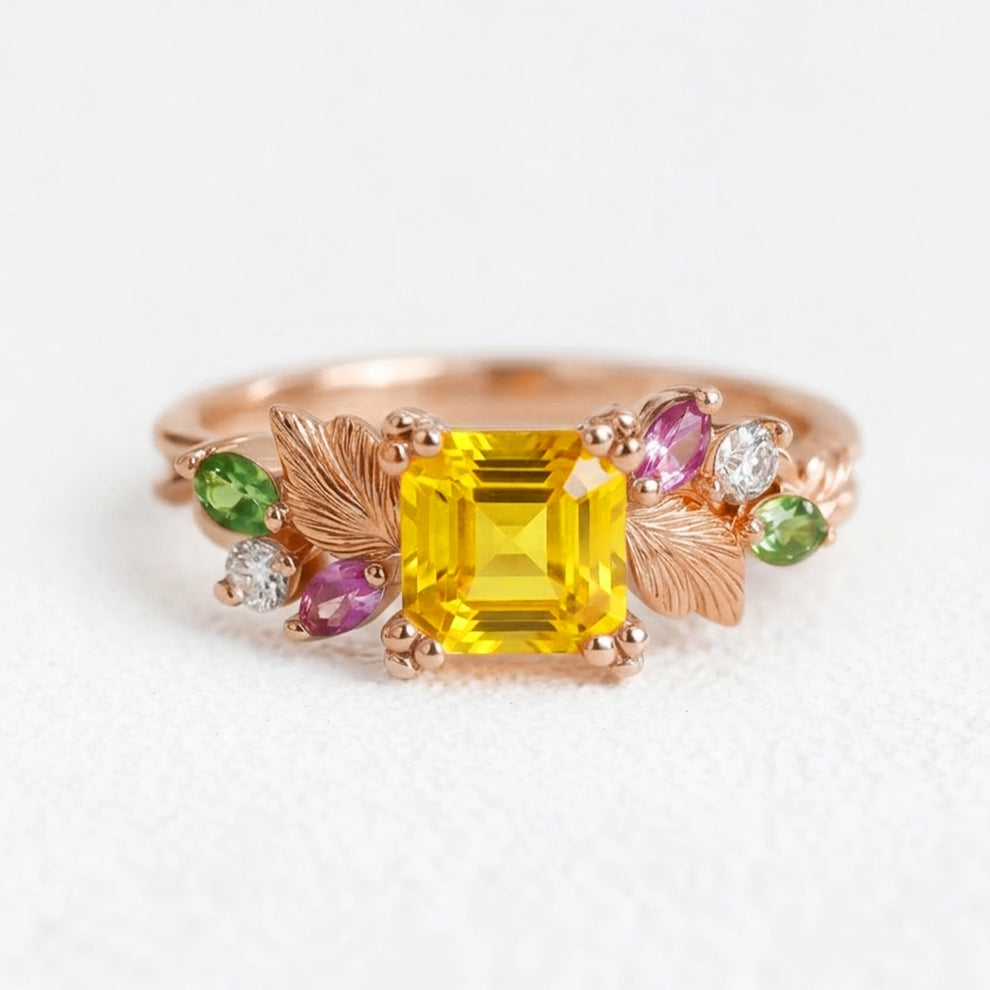 Flora’s Honey | Yellow Asscher Cut Tourmaline Leafy Engagement Ring.