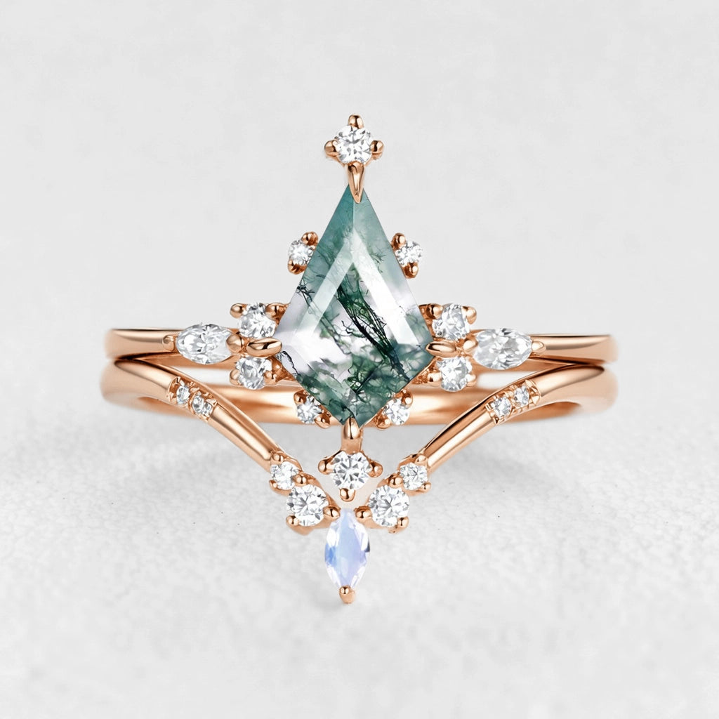Unique Kite Cut Moss Agate & Moonstone Engagement Ring Sets 2pcs.