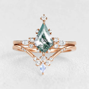 Unique Kite Cut Moss Agate & Moonstone Engagement Ring Sets 2pcs.