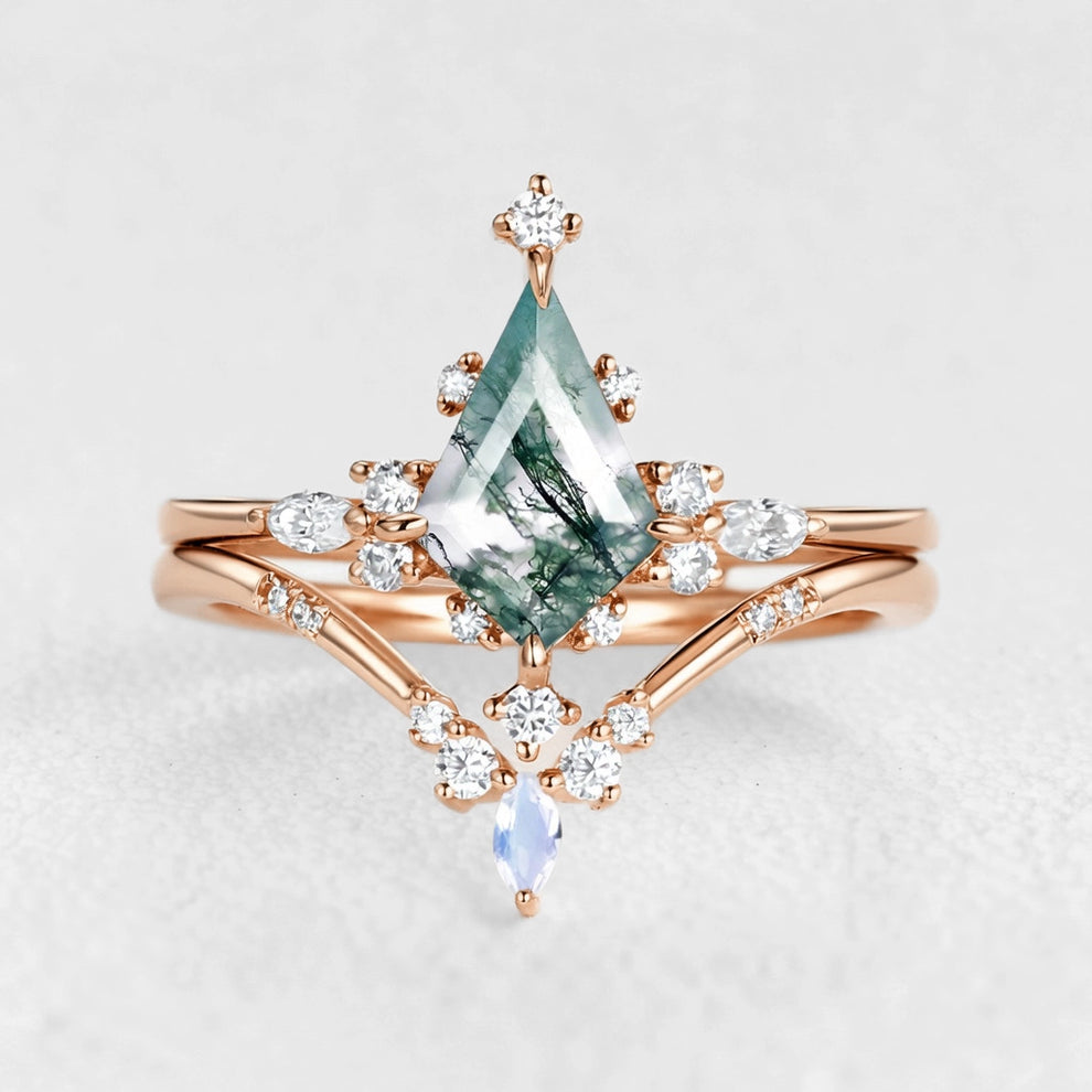 Unique Kite Cut Moss Agate & Moonstone Engagement Ring Sets 2pcs.