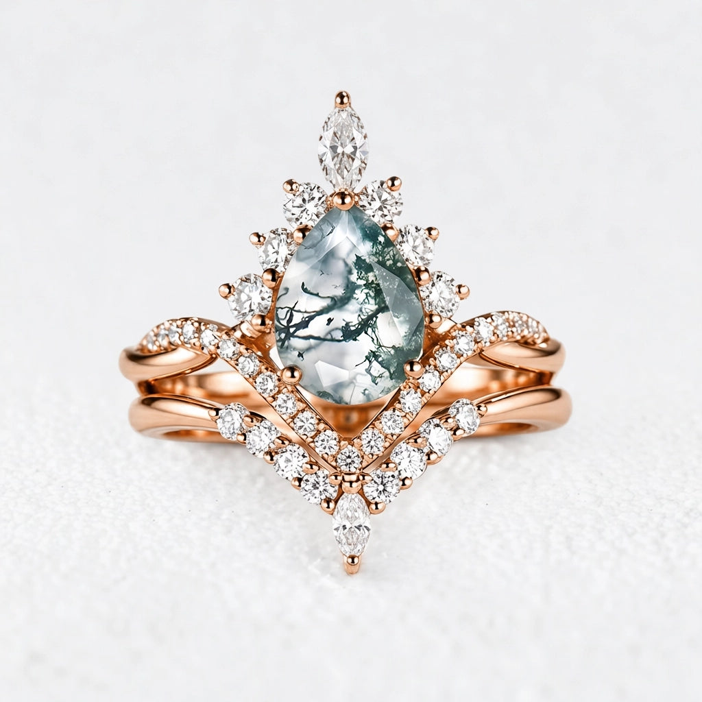 Alexandra’s Meadow | Pear Moss Agate Pavé Bridal Duo