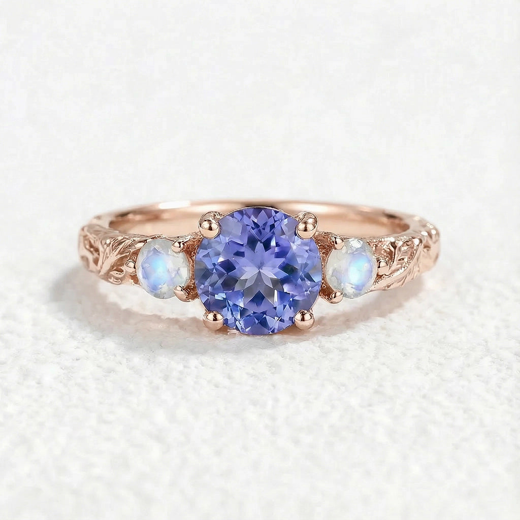Selene’s Deep | Round Tanzanite & Moonstone Cluster Ring.