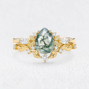 Aurora’s Fairy Bower | Pear Shaped Moss Agate Leafy Bridal Set 2pcs