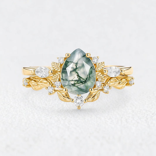 Aurora’s Fairy Bower | Pear Shaped Moss Agate Leafy Bridal Set 2pcs