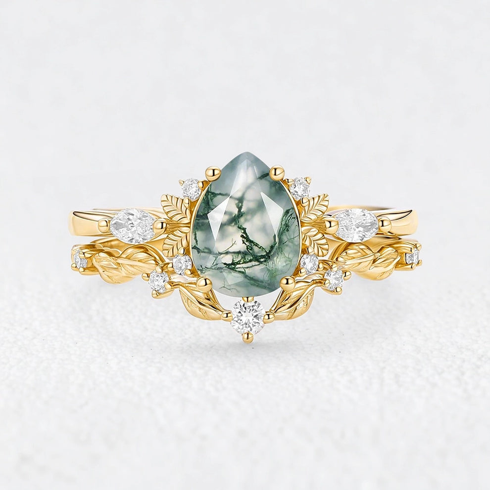 Aurora’s Fairy Bower | Pear Shaped Moss Agate Leafy Bridal Set 2pcs