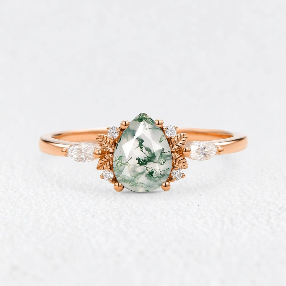 Elara’s Whisper | Pear Moss Agate Foliage Engagement Ring