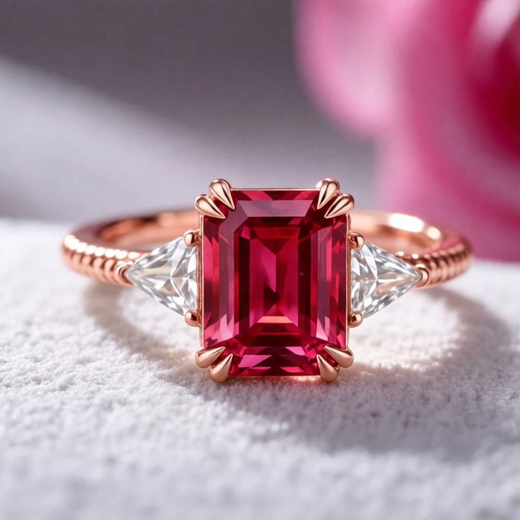 Liora Emerald Cut Burgundy Gemstone Ring.