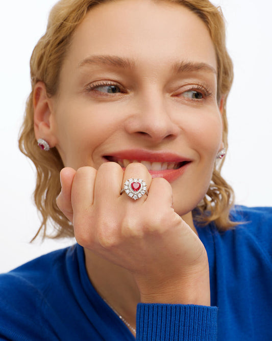 Sparkle Silver Ruby Heart Halo Statement Ring