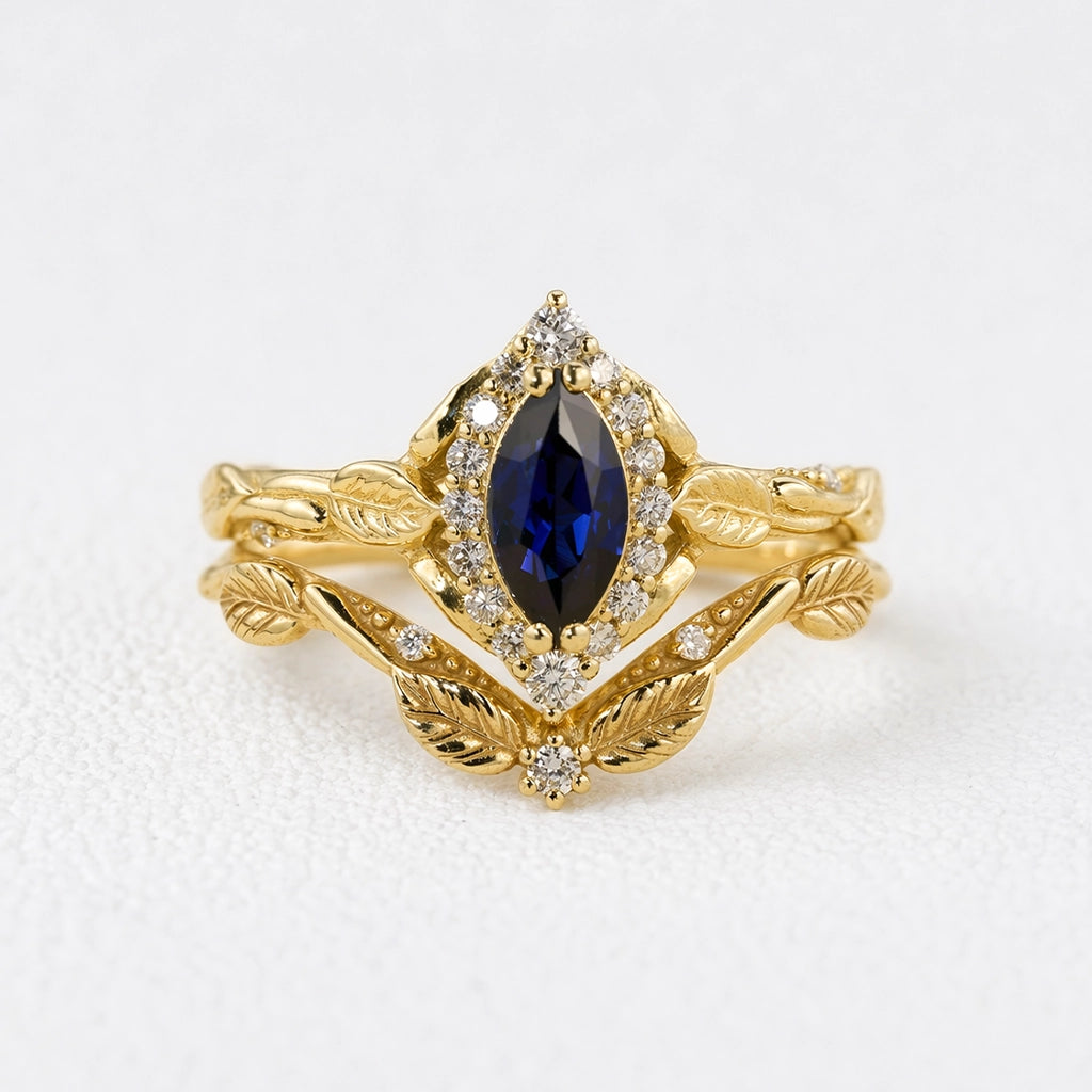 Victoria’s Diadem | Marquise Cut Sapphire & Diamond Halo Bridal Set 2pcs.
