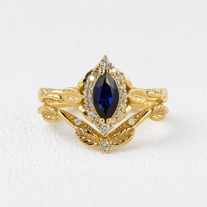 Victoria’s Diadem | Marquise Cut Sapphire & Diamond Halo Bridal Set 2pcs.