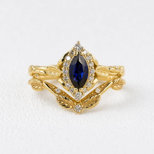 Victoria’s Diadem | Marquise Cut Sapphire & Diamond Halo Bridal Set 2pcs.