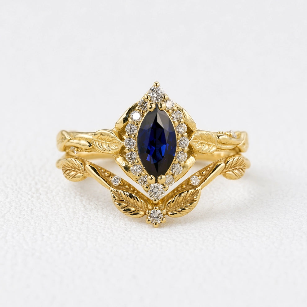 Victoria’s Diadem | Marquise Cut Sapphire & Diamond Halo Bridal Set 2pcs.