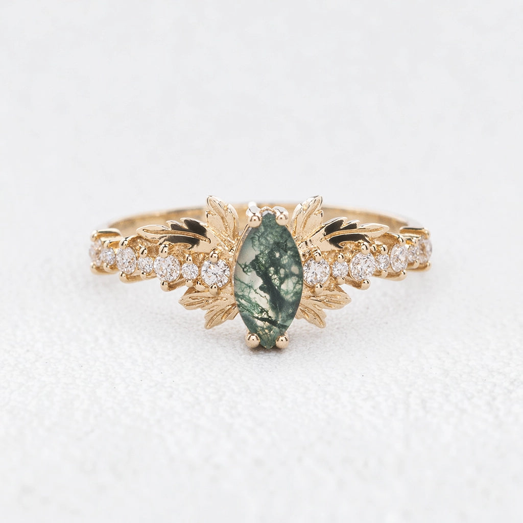 Aurora’s Moss Wing | Marquise Moss Agate Vintage Bridal Set 2pcs.