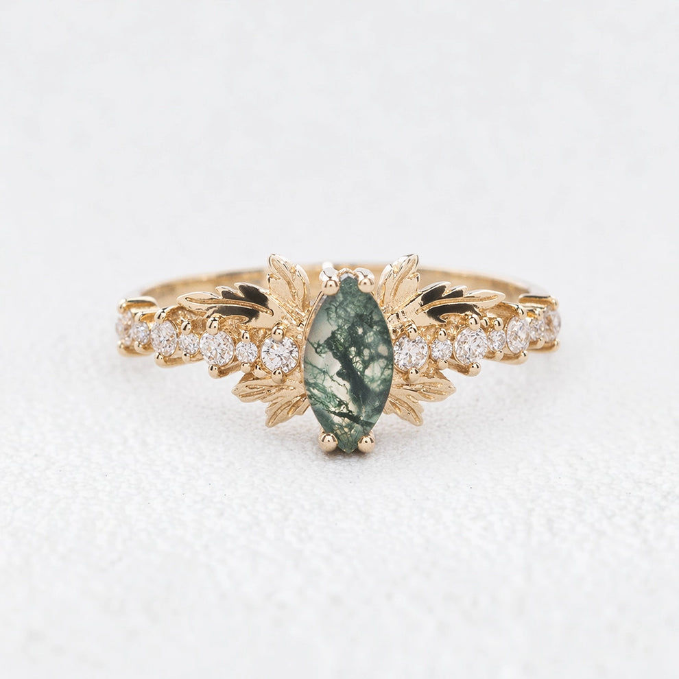 Aurora’s Moss Wing | Marquise Moss Agate Vintage Bridal Set 2pcs.